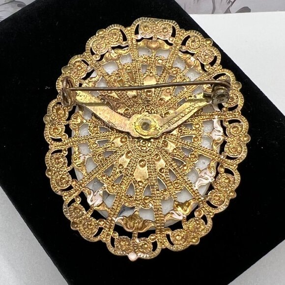 Western Germany Blue Rose Transferware Filigree Brooch - Picture 4 of 6